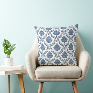 Rococo-Damask-Muster Blau auf Weiß Kissen