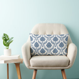Rococo-Damask-Muster Blau auf Weiß Lendenkissen
