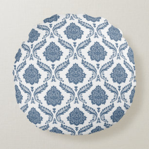 Rococo-Damask-Muster Blau auf Weiß Rundes Kissen