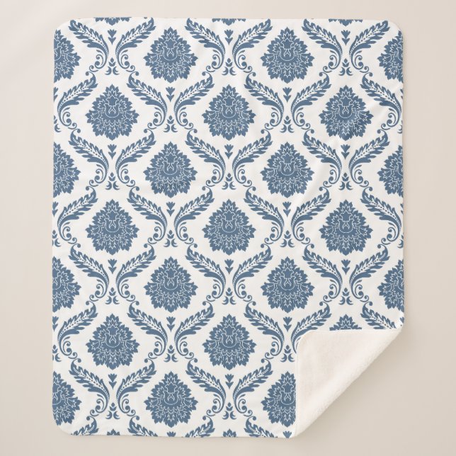 Rococo-Damask-Muster Blau auf Weiß Sherpadecke (Vorderseite)