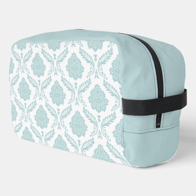 Rococo-Damask-Muster Enteneiblau auf Weiß Waschbeutel (Linke Seite)