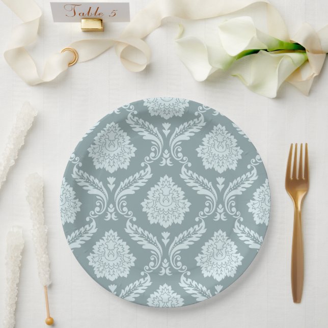 Rococo-Damask-Muster Enteneiblau+Türkis Pappteller (Hochzeit)