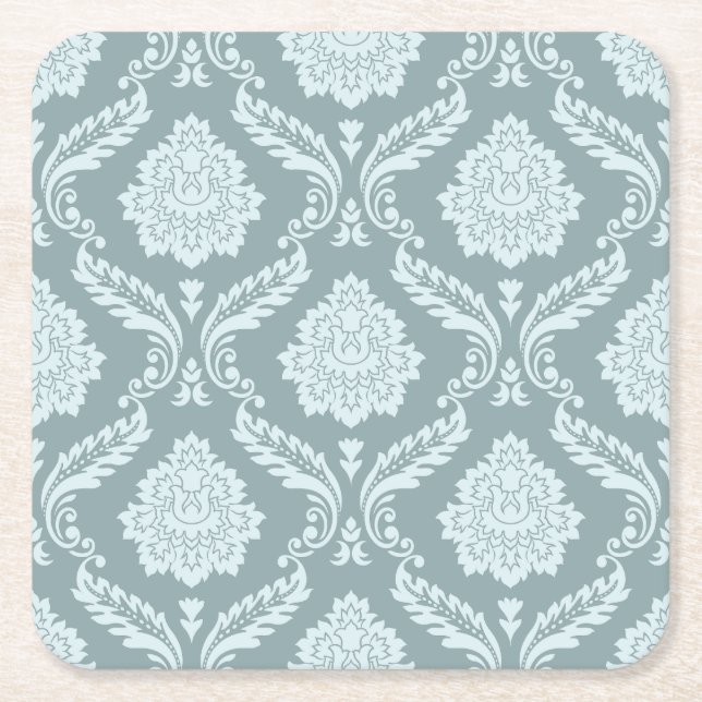 Rococo-Damask-Muster Entengrau+Türkis Rechteckiger Pappuntersetzer (Vorderseite)