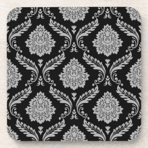 Rococo-Damask-Muster Grau auf Schwarz Getränkeuntersetzer