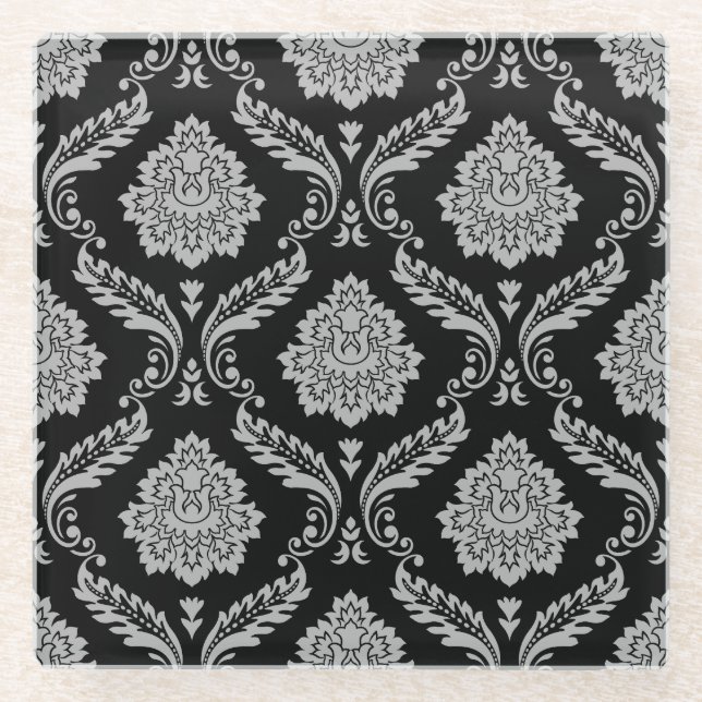 Rococo-Damask-Muster Grau auf Schwarz Glasuntersetzer (Vorderseite)