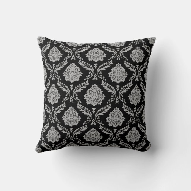 Rococo-Damask-Muster Grau auf Schwarz Kissen (Rückseite)