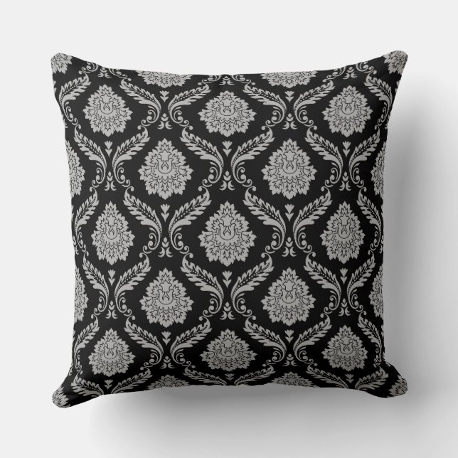 Rococo-Damask-Muster Grau auf Schwarz Kissen (Rückseite)