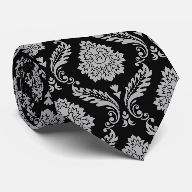 Rococo-Damask-Muster Grau auf Schwarz Krawatte (Gerollt)