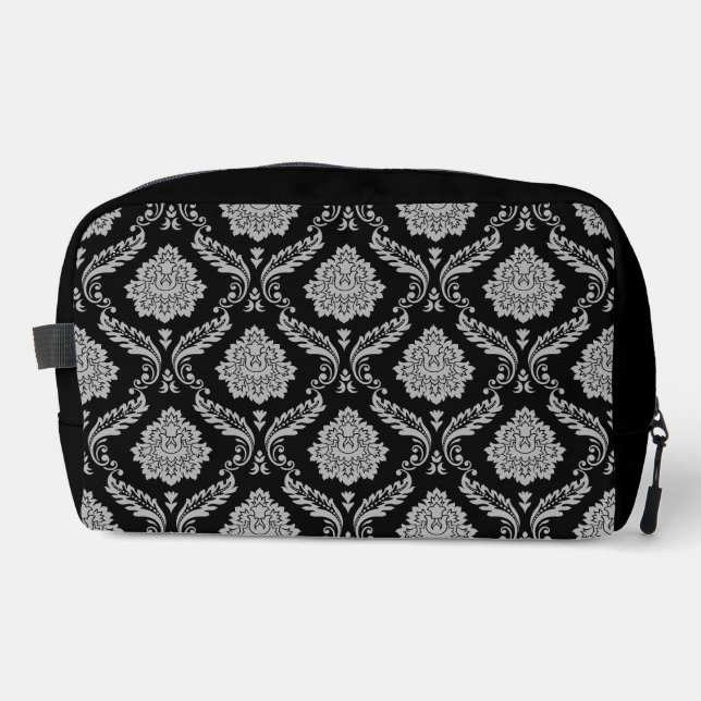 Rococo-Damask-Muster Grau auf Schwarz Waschbeutel (Vorderseite)