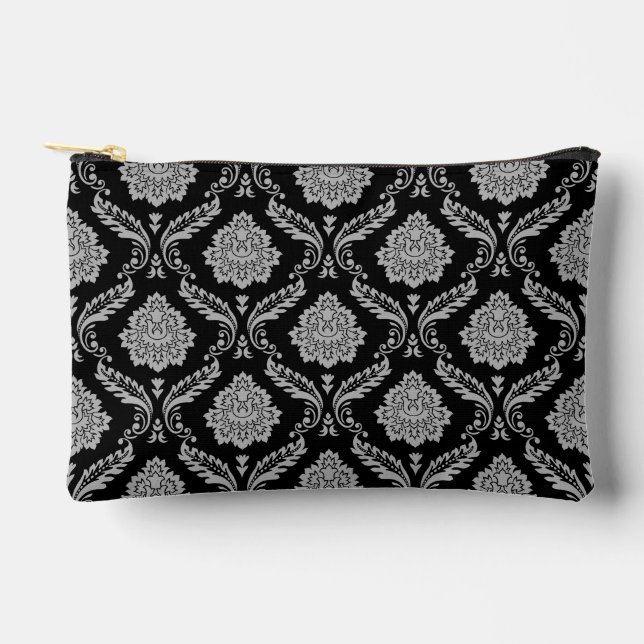 Rococo-Damask-Muster Grau auf Schwarz Zubehörtasche (Vorderseite)