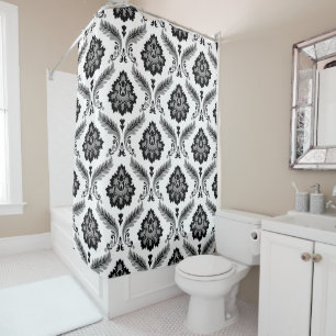 Rococo-Damask-Muster Grau Schwarz Weiß Duschvorhang