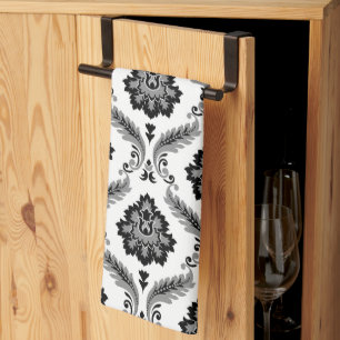 Rococo-Damask-Muster Grau Schwarz Weiß Geschirrtuch