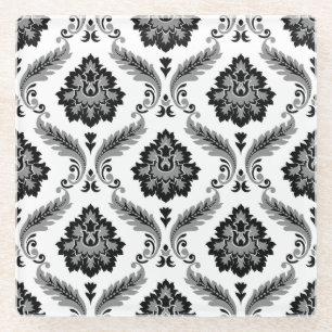 Rococo-Damask-Muster Grau Schwarz Weiß Glasuntersetzer