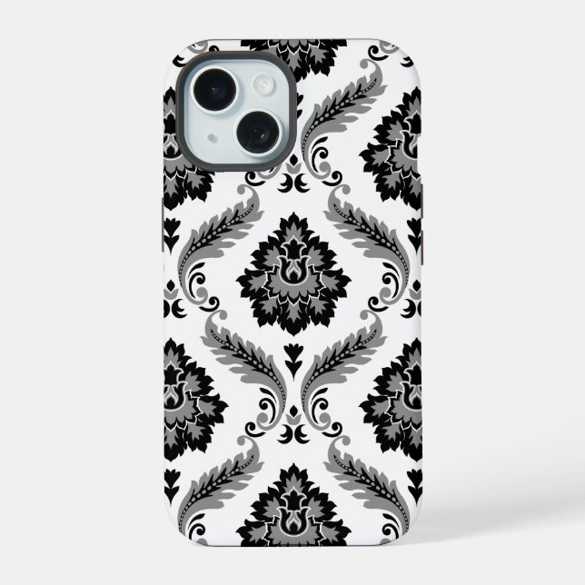Rococo-Damask-Muster Grau Schwarz Weiß iPhone 15 Hülle (Rückseite)