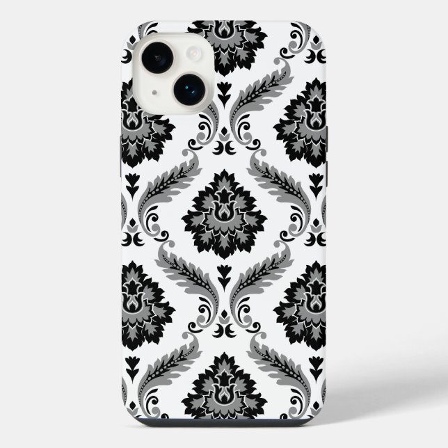 Rococo-Damask-Muster Grau Schwarz Weiß iPhone Hülle (Rückseite)