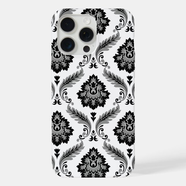 Rococo-Damask-Muster Grau Schwarz Weiß iPhone Hülle (Rückseite)