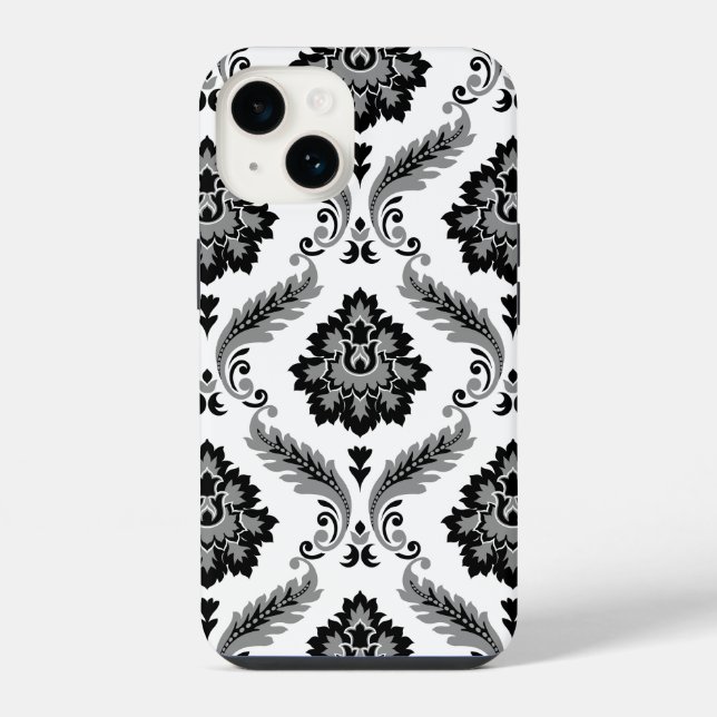 Rococo-Damask-Muster Grau Schwarz Weiß iPhone Hülle (Rückseite)