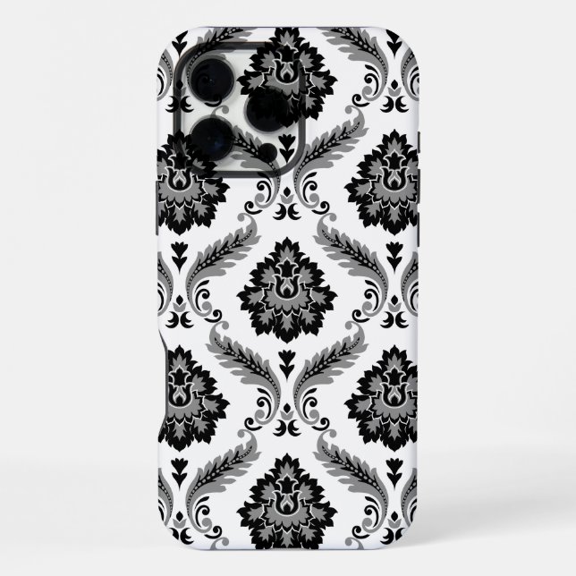 Rococo-Damask-Muster Grau Schwarz Weiß iPhone Hülle (Rückseite)