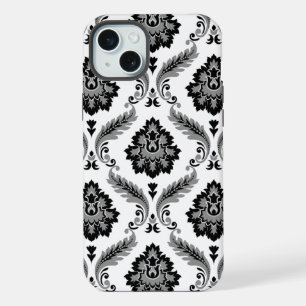 Rococo-Damask-Muster Grau Schwarz Weiß iPhone 15 Plus Hülle
