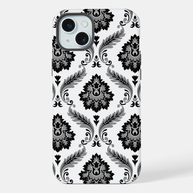 Rococo-Damask-Muster Grau Schwarz Weiß iPhone Hülle (Rückseite)