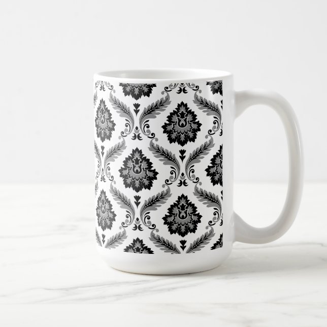 Rococo-Damask-Muster Grau Schwarz Weiß Kaffeetasse (Rechts)