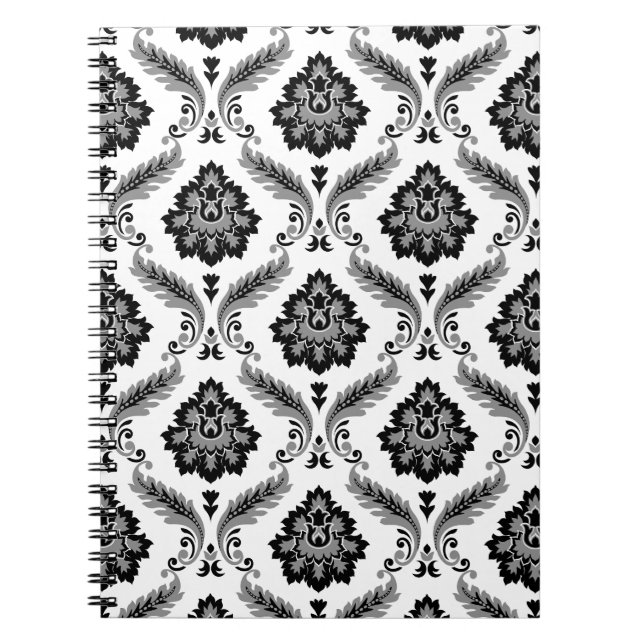 Rococo-Damask-Muster Grau Schwarz Weiß Notizblock (Vorderseite)