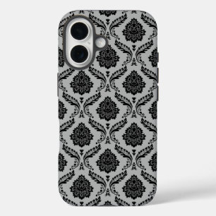 Rococo-Damask-Muster Schwarz auf Grau iPhone 16 Hülle