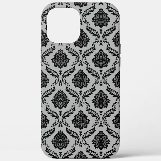 Rococo-Damask-Muster Schwarz auf Grau Case-Mate iPhone Hülle (Rückseite)