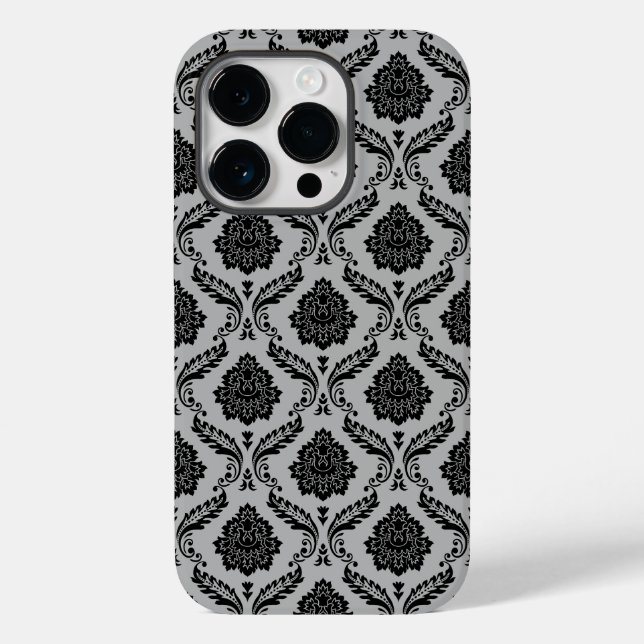 Rococo-Damask-Muster Schwarz auf Grau Case-Mate iPhone Hülle (Rückseite)