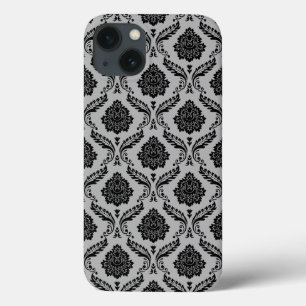 Rococo-Damask-Muster Schwarz auf Grau Case-Mate iPhone Hülle