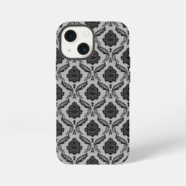 Rococo-Damask-Muster Schwarz auf Grau iPhone Hülle (Rückseite)