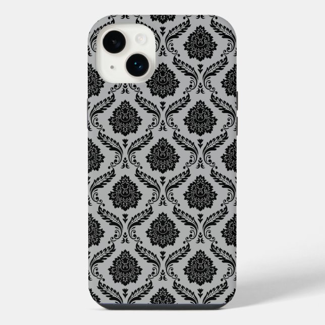 Rococo-Damask-Muster Schwarz auf Grau iPhone Hülle (Rückseite)