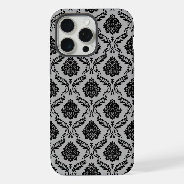 Rococo-Damask-Muster Schwarz auf Grau iPhone Hülle (Rückseite)