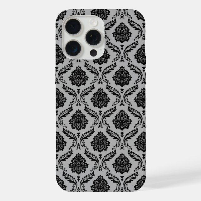 Rococo-Damask-Muster Schwarz auf Grau iPhone Hülle (Rückseite)