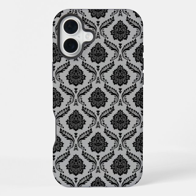 Rococo-Damask-Muster Schwarz auf Grau iPhone Hülle (Rückseite)