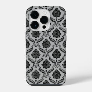 Rococo-Damask-Muster Schwarz auf Grau iPhone 14 Pro Hülle
