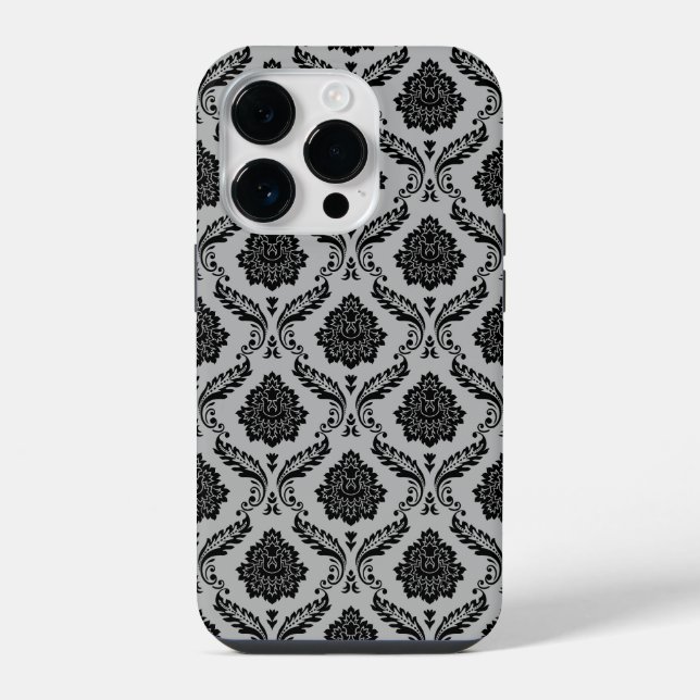 Rococo-Damask-Muster Schwarz auf Grau iPhone Hülle (Rückseite)