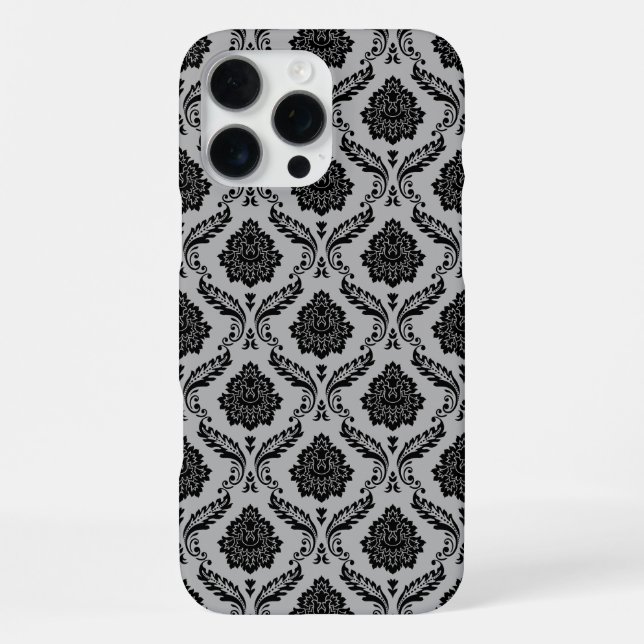 Rococo-Damask-Muster Schwarz auf Grau iPhone Hülle (Rückseite)