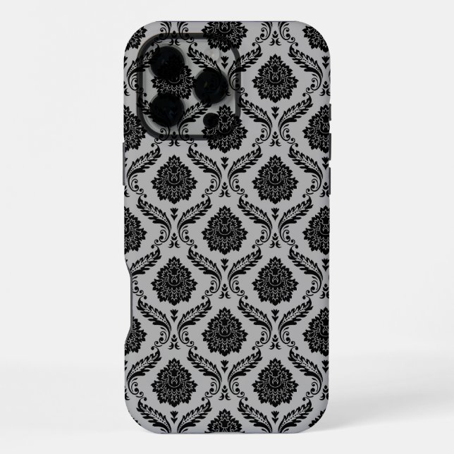 Rococo-Damask-Muster Schwarz auf Grau iPhone Hülle (Rückseite)