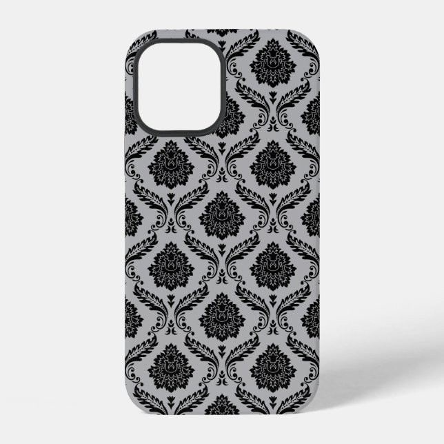 Rococo-Damask-Muster Schwarz auf Grau iPhone Hülle (Rückseite)