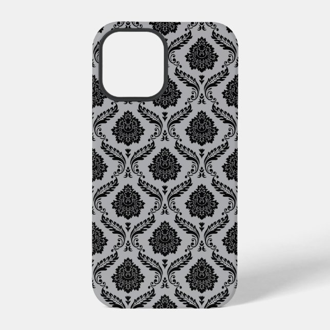 Rococo-Damask-Muster Schwarz auf Grau iPhone Hülle (Rückseite)