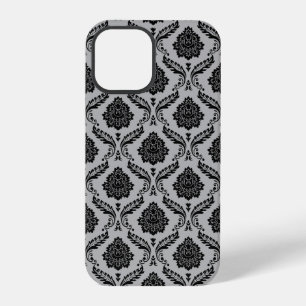 Rococo-Damask-Muster Schwarz auf Grau iPhone 12 Pro Hülle
