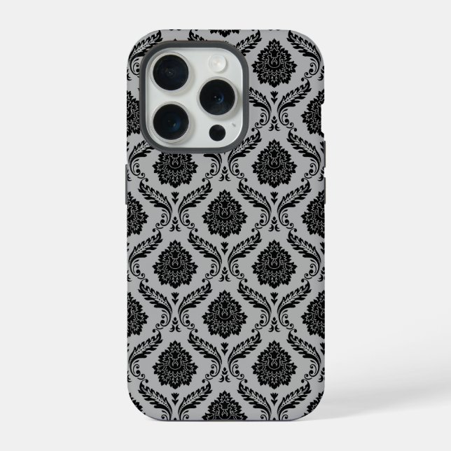 Rococo-Damask-Muster Schwarz auf Grau iPhone Hülle (Rückseite)