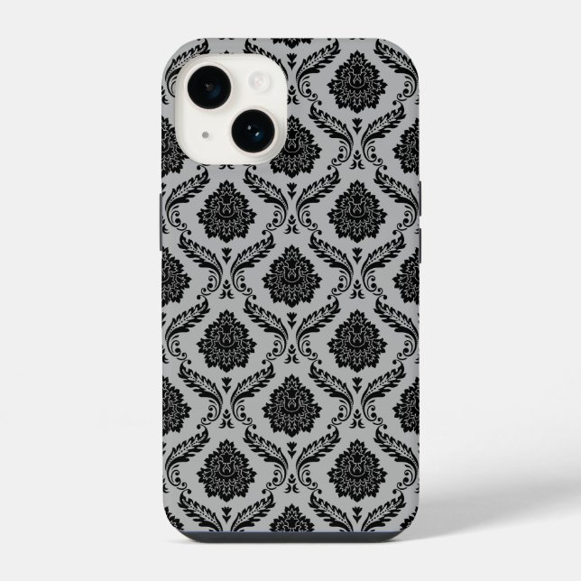 Rococo-Damask-Muster Schwarz auf Grau iPhone Hülle (Rückseite)