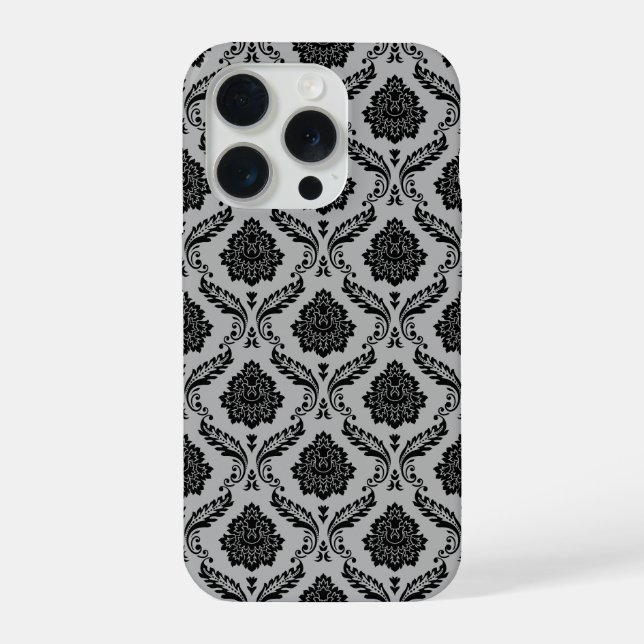 Rococo-Damask-Muster Schwarz auf Grau iPhone Hülle (Rückseite)