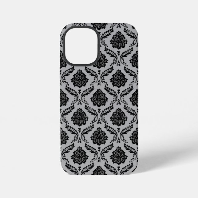 Rococo-Damask-Muster Schwarz auf Grau iPhone Hülle (Rückseite)