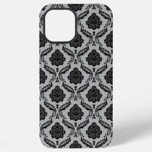 Rococo-Damask-Muster Schwarz auf Grau iPhone 12 Pro Max Hülle