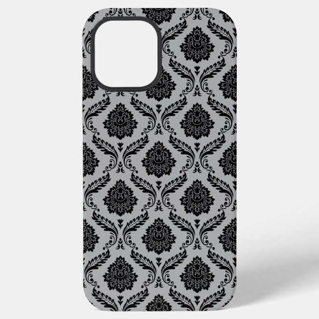 Rococo-Damask-Muster Schwarz auf Grau iPhone Hülle (Rückseite)