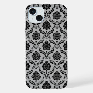Rococo-Damask-Muster Schwarz auf Grau iPhone 15 Plus Hülle