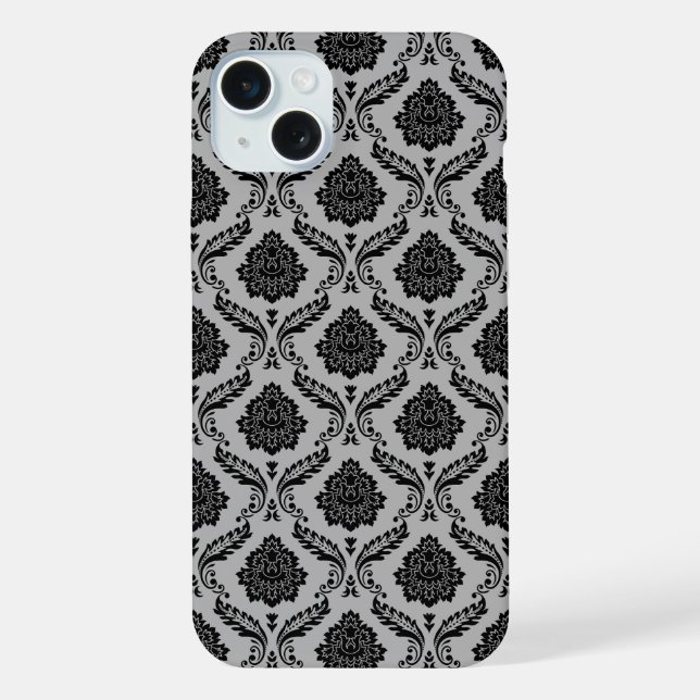 Rococo-Damask-Muster Schwarz auf Grau iPhone Hülle (Rückseite)